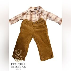 Children’s Place Boy 6-9 Months Brown Corduroy Pants and Plaid Shirt